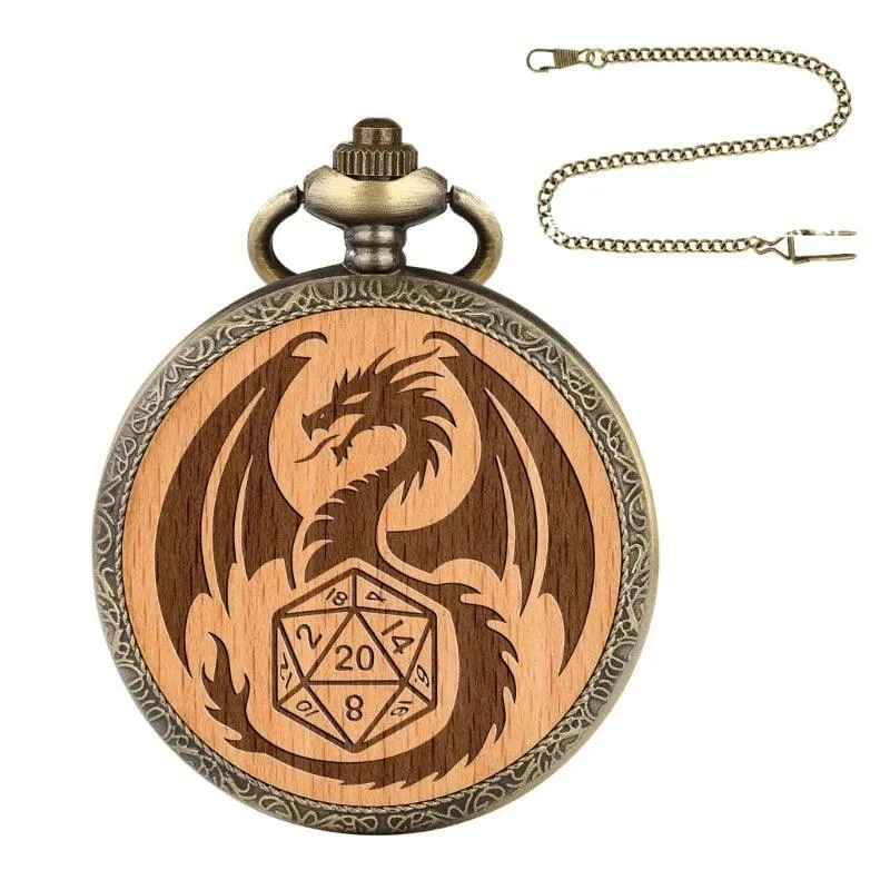 Pocket Watch And Mini Dice, Metal With Carved Wood