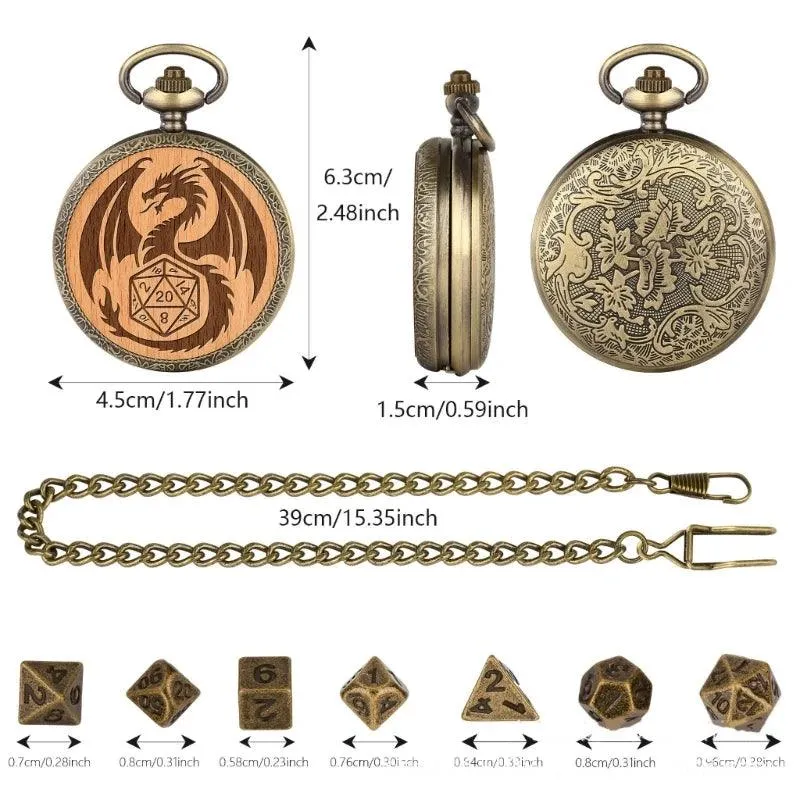 Pocket Watch And Mini Dice, Metal With Carved Wood