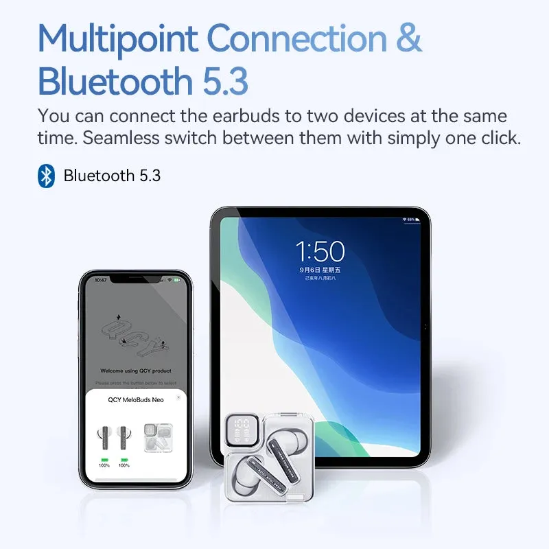 QCY MeloBuds Neo Wireless Earphones LED Power Digital Display TWS Earbuds Bluetooth 5.3 Transparent Dual-Connection Headset