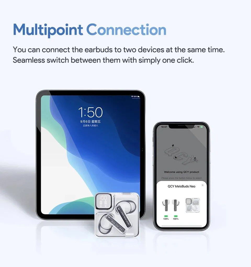 QCY MeloBuds Neo Wireless Earphones LED Power Digital Display TWS Earbuds Bluetooth 5.3 Transparent Dual-Connection Headset
