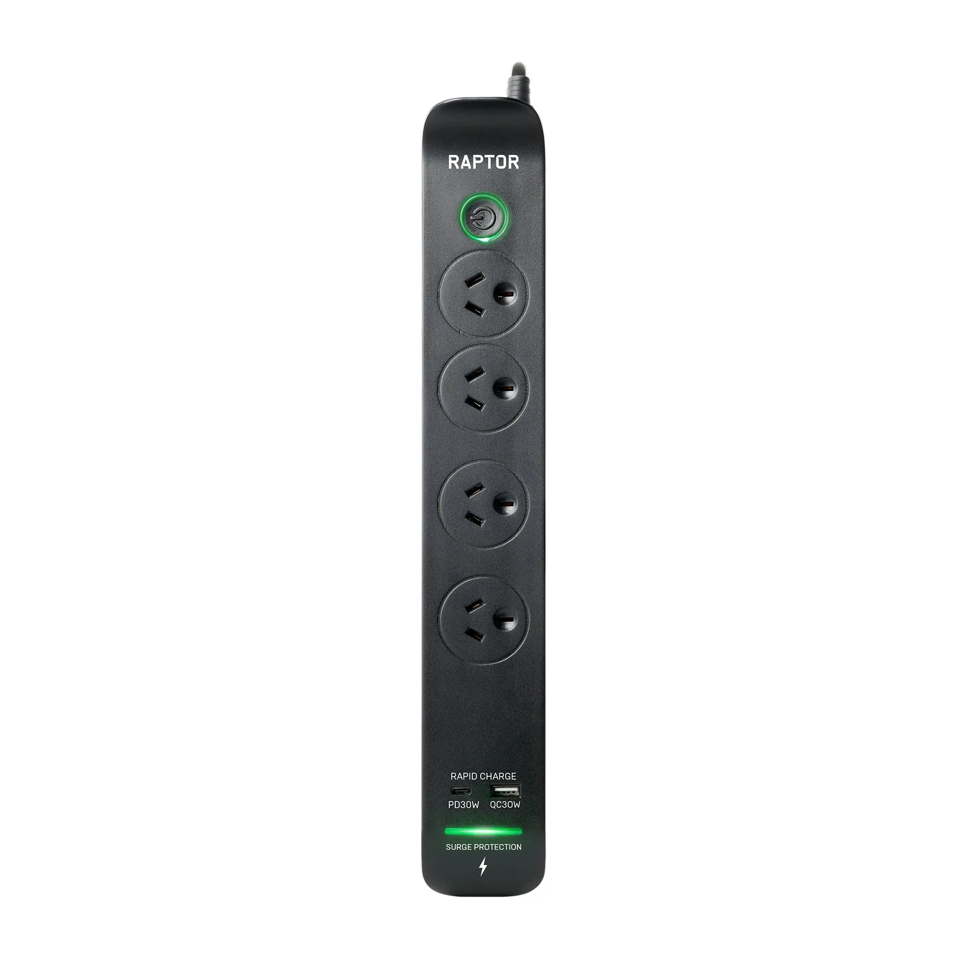 Raptor Surge Protected Board, 4 x Sockets, 30W PD USB-C & 30W QC USB-A