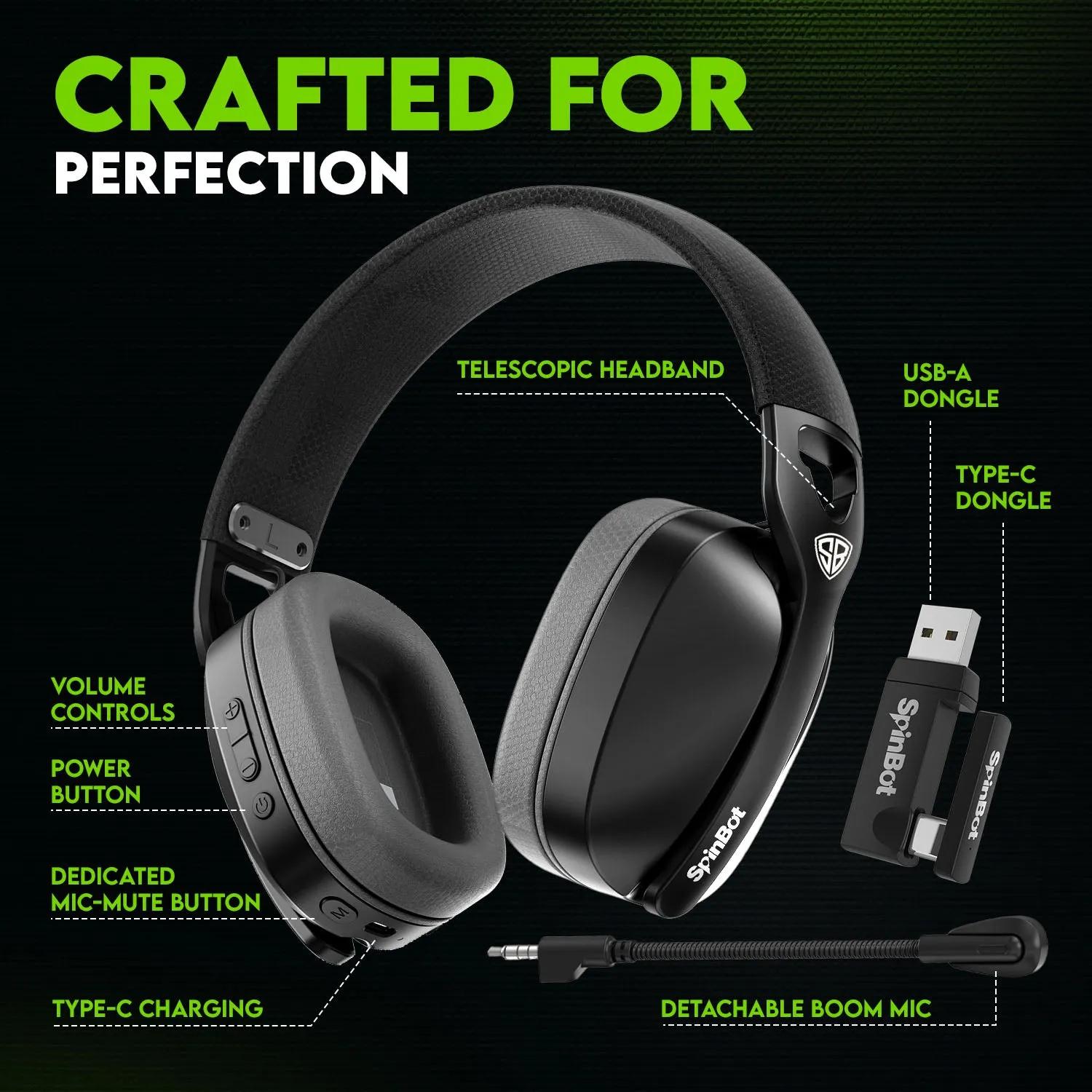 SpinBot Ranger HX500 Tri-Mode Wireless Gaming Headphones | Dual 2.4GHz   Bluetooth   Wired | Detachable Boom Mic (Black)