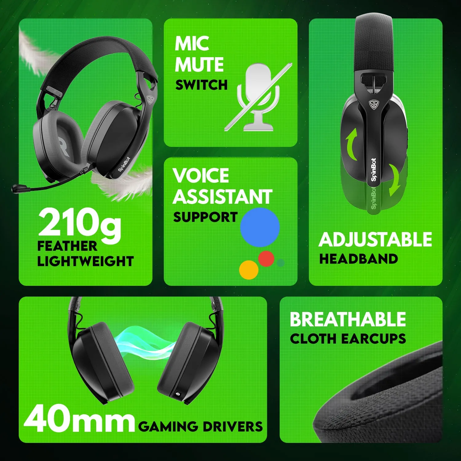 SpinBot Ranger HX500 Tri-Mode Wireless Gaming Headphones | Dual 2.4GHz   Bluetooth   Wired | Detachable Boom Mic (Black)