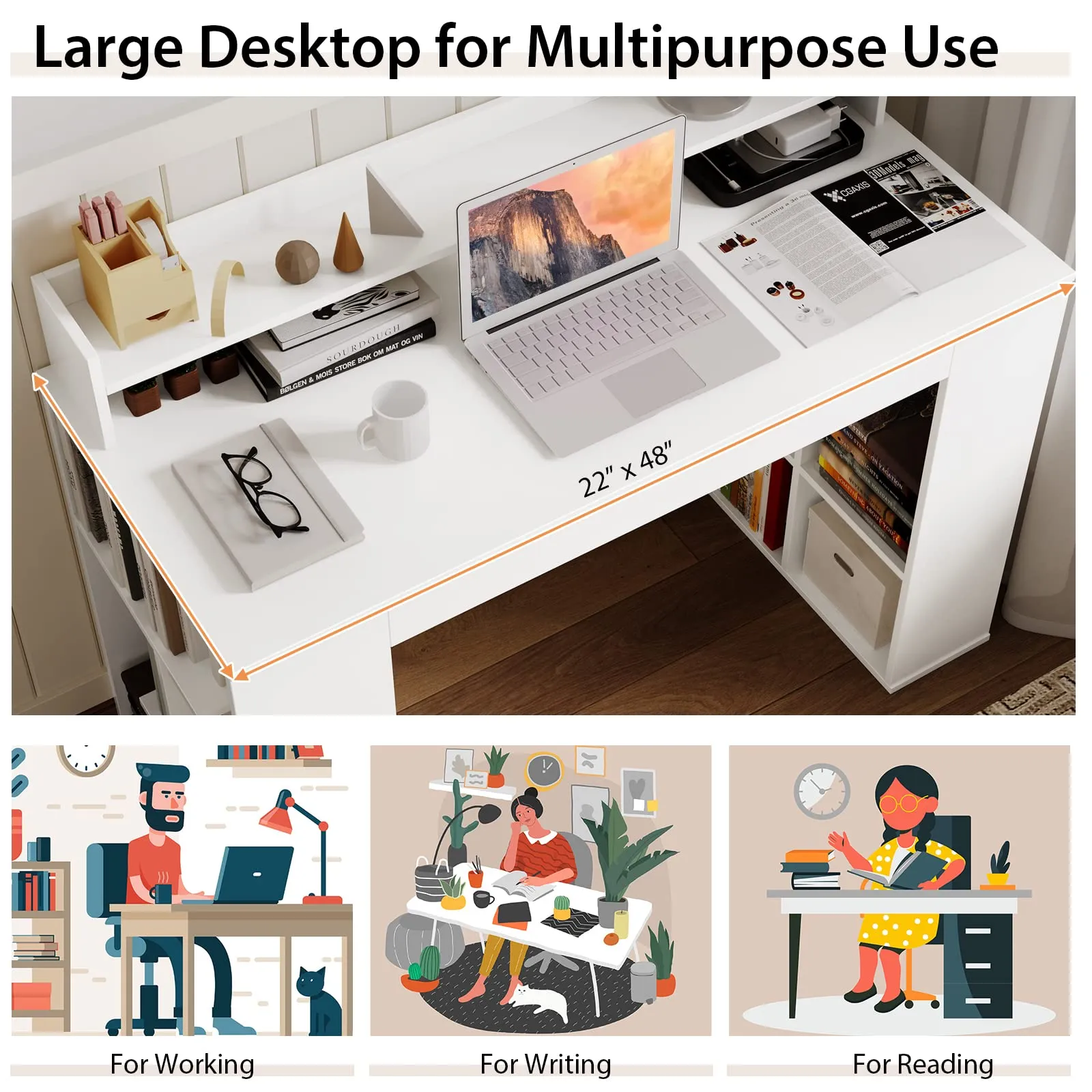 Tangkula 48" White Desk with Storage Bookshelf, Home Office Computer Desk with Dual 3 Tier Bookshelf & Monitor Shelf