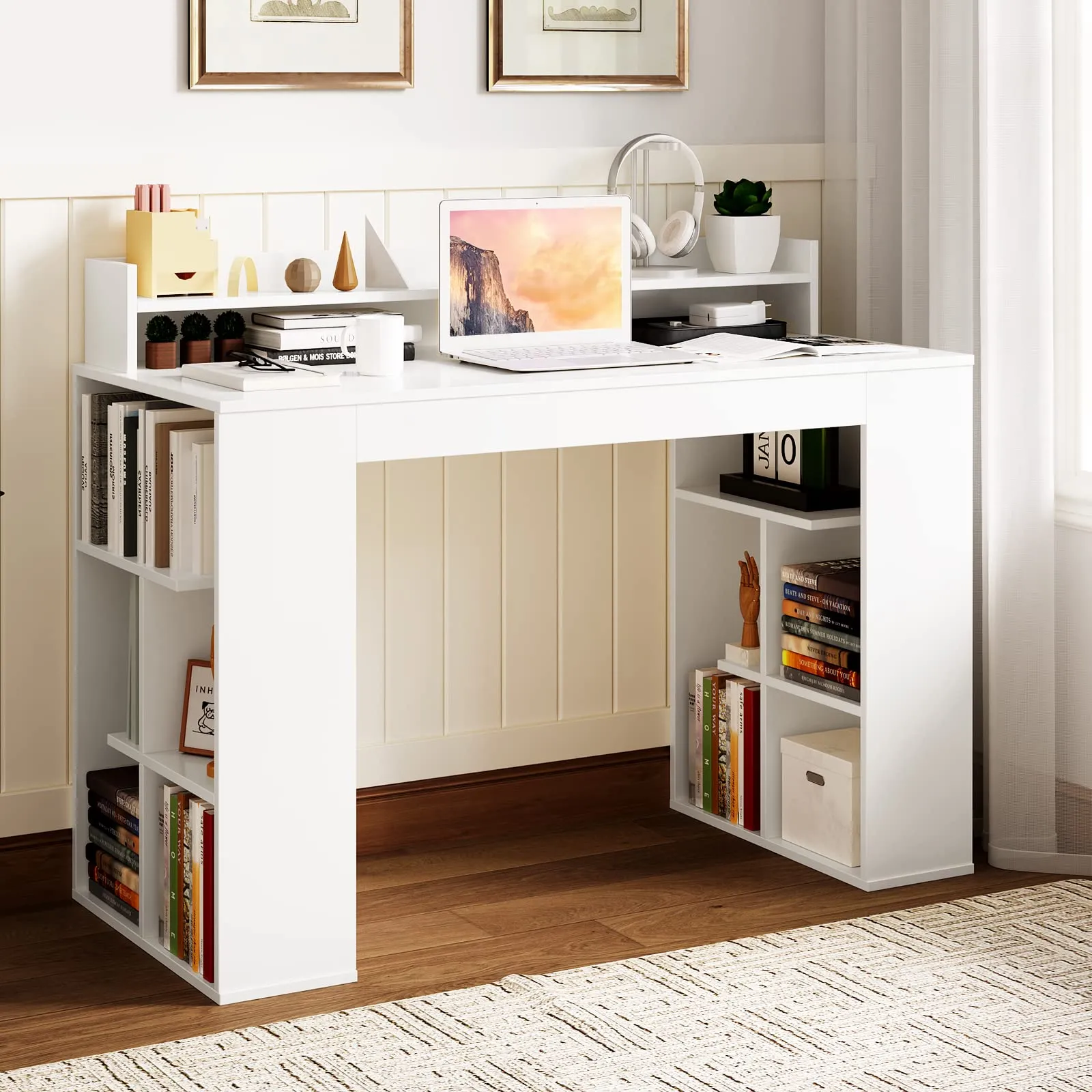 Tangkula 48" White Desk with Storage Bookshelf, Home Office Computer Desk with Dual 3 Tier Bookshelf & Monitor Shelf