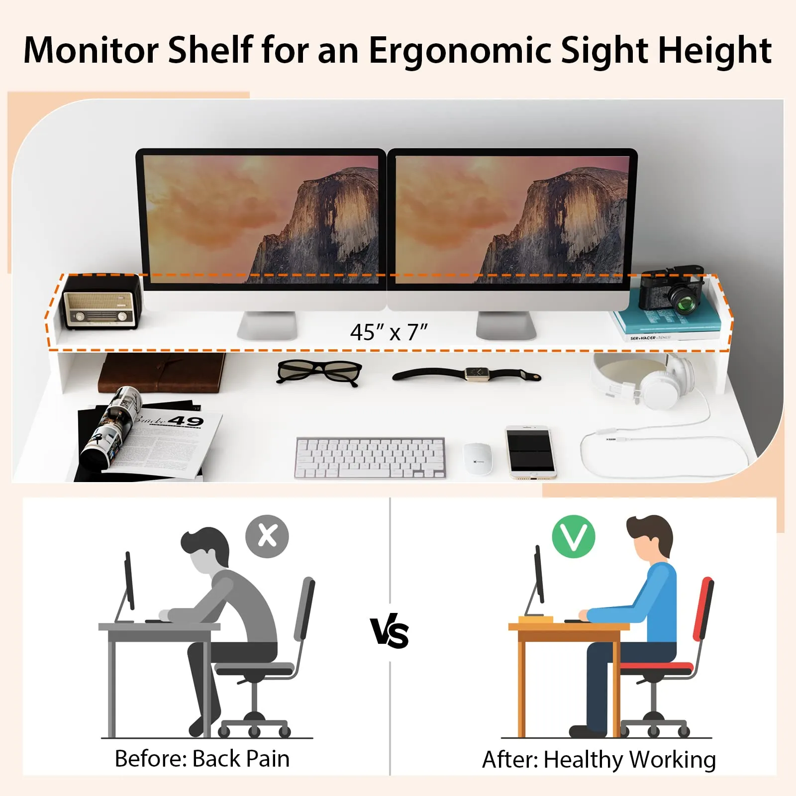 Tangkula 48" White Desk with Storage Bookshelf, Home Office Computer Desk with Dual 3 Tier Bookshelf & Monitor Shelf
