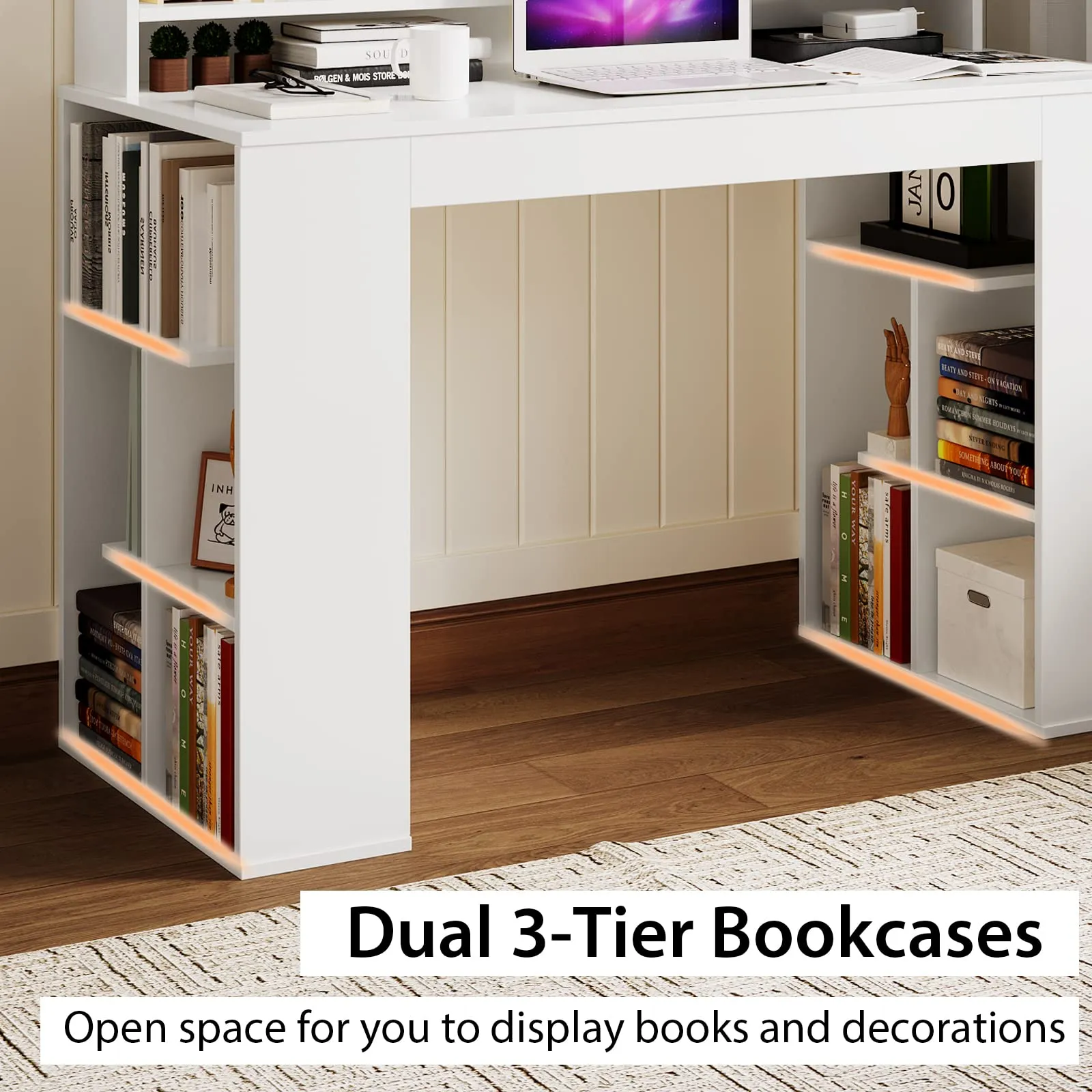 Tangkula 48" White Desk with Storage Bookshelf, Home Office Computer Desk with Dual 3 Tier Bookshelf & Monitor Shelf