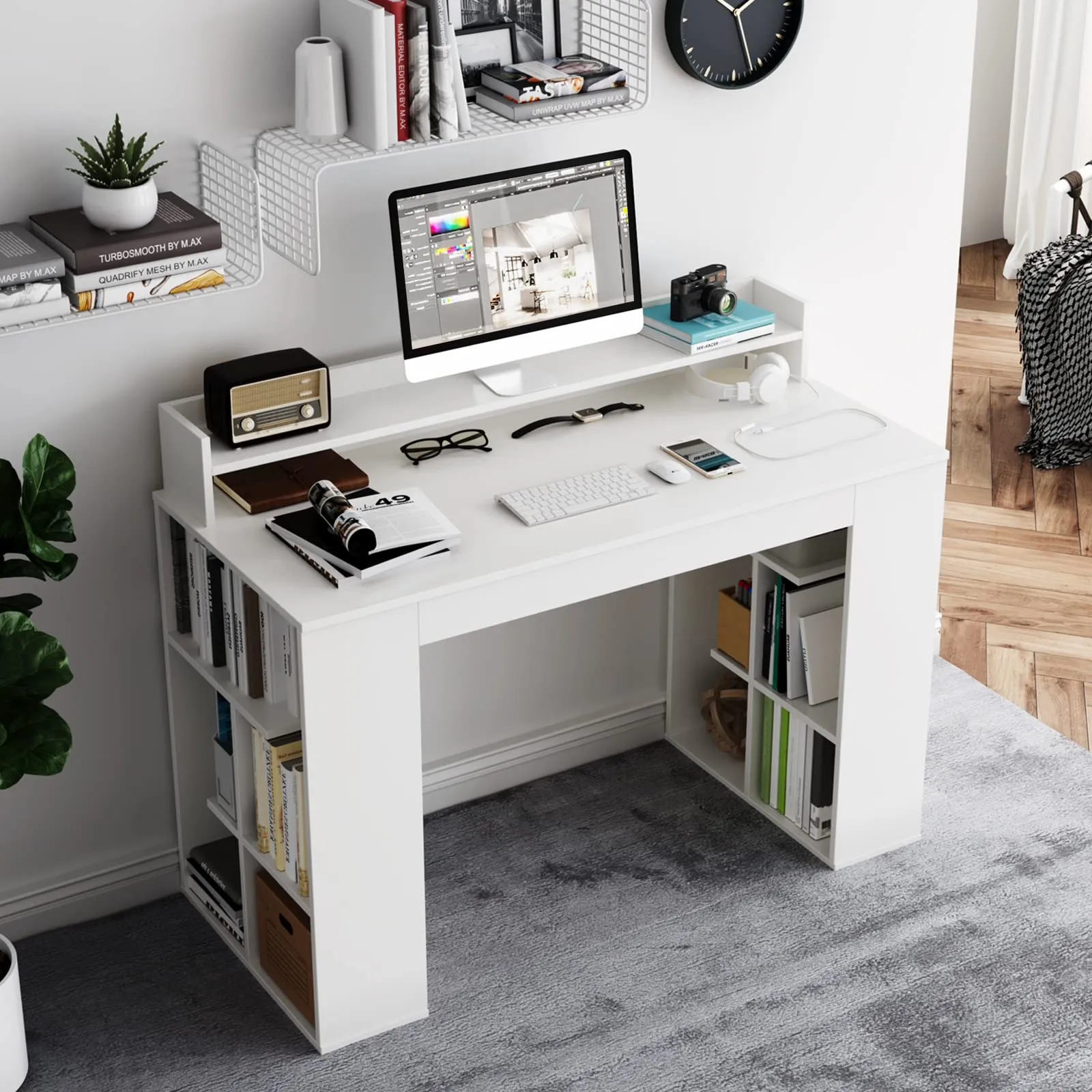 Tangkula 48" White Desk with Storage Bookshelf, Home Office Computer Desk with Dual 3 Tier Bookshelf & Monitor Shelf
