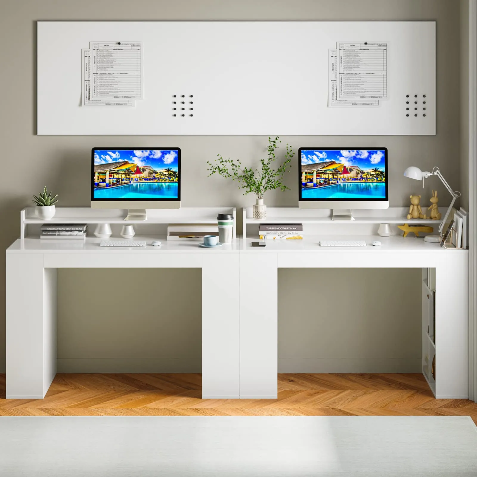 Tangkula 48" White Desk with Storage Bookshelf, Home Office Computer Desk with Dual 3 Tier Bookshelf & Monitor Shelf