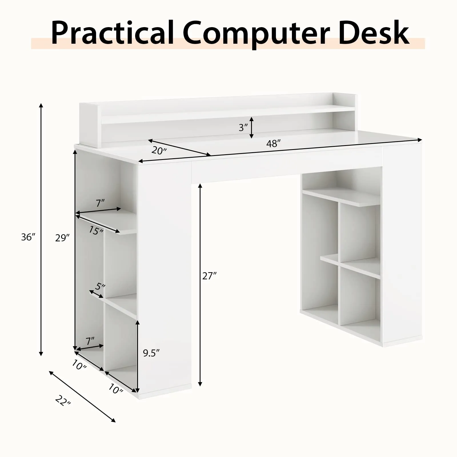 Tangkula 48" White Desk with Storage Bookshelf, Home Office Computer Desk with Dual 3 Tier Bookshelf & Monitor Shelf