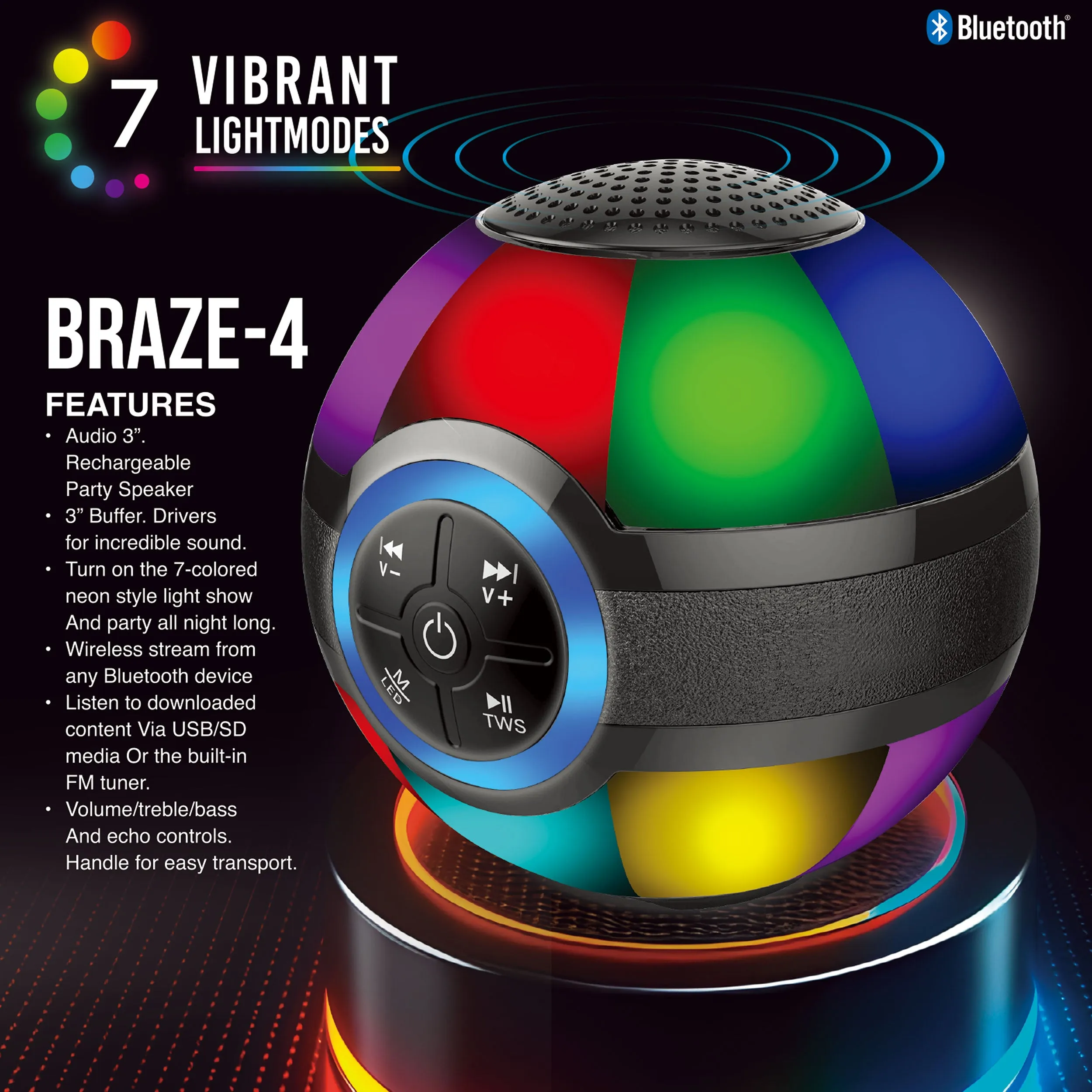 TOPTECH BRAZE-4 Portable 3" Bluetooth Speaker with 7-Color LED Lights & Powerful Sound