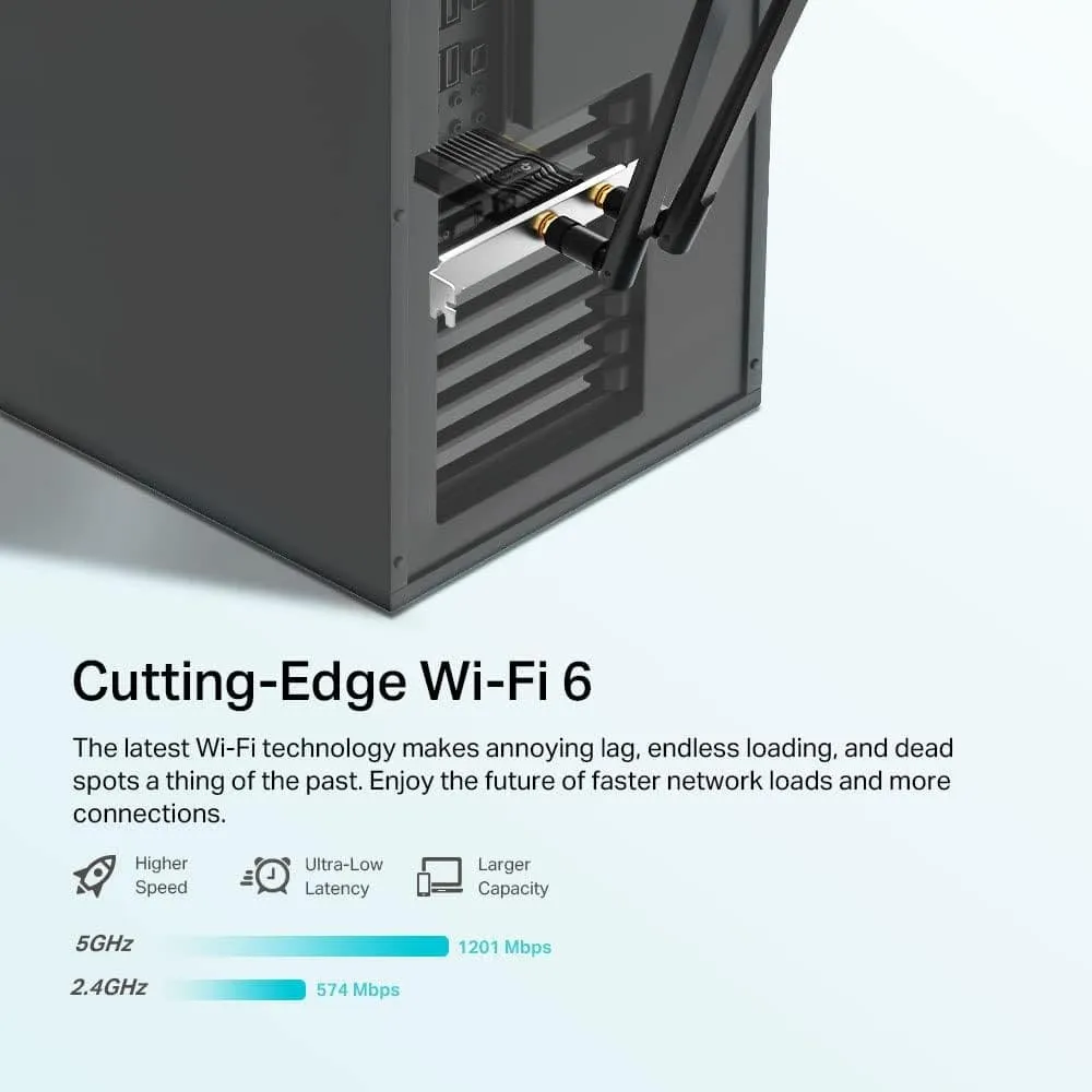 TP-Link AX1800 Wi-Fi 6 Dual Antennas High Gain Bluetooth 5.2 PCIe Adapter, Dual-Band, Low-Profile Bracket, MU-MIMO, Low- Latency Gaming, Supports Windows 10/11, Highly Secure WPA3 (Archer TX20E),Black