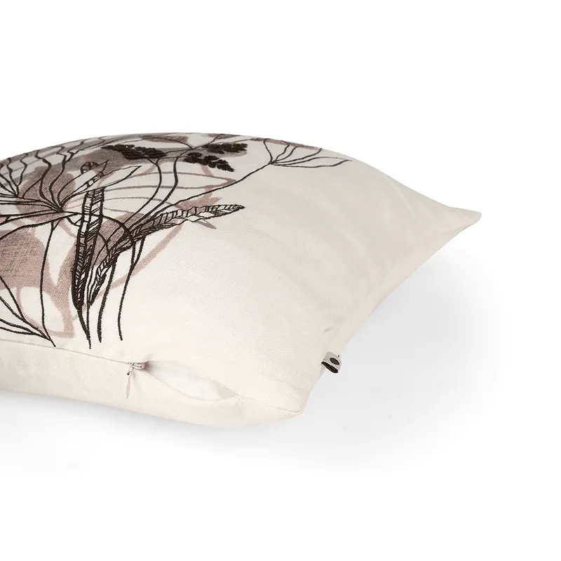 Tropical Leafy Affair Cushion Cover | Linen Blend | Ivory | Floral Design | 20" x 20"