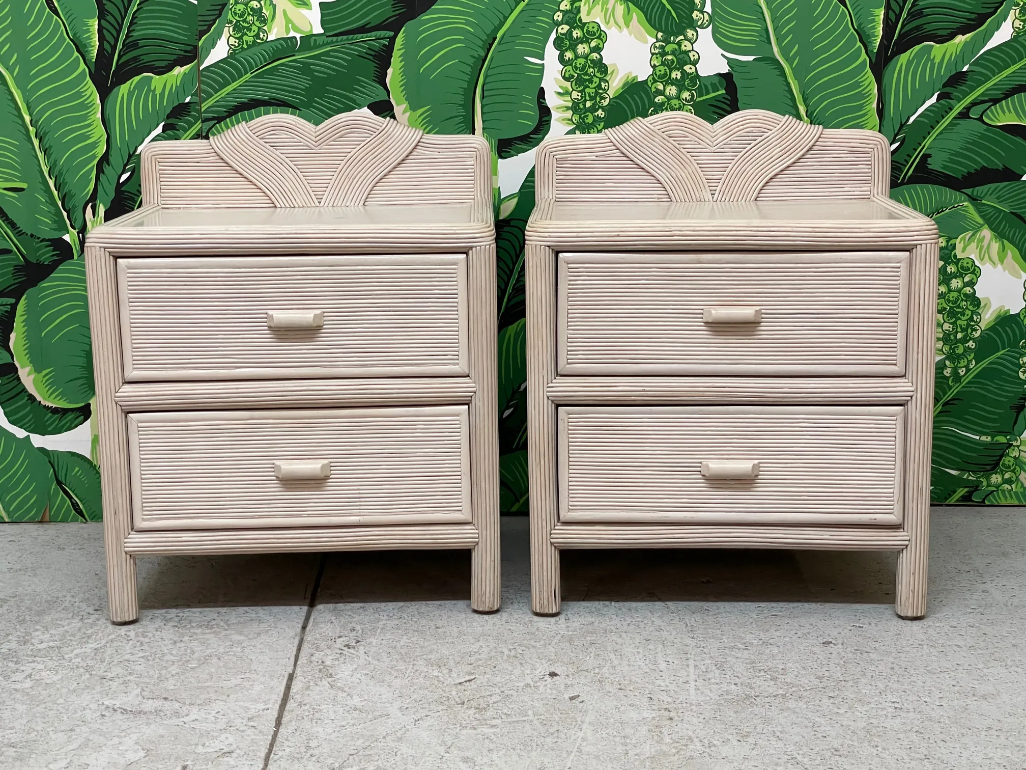 Vintage Pencil Reed Rattan Nightstands, a Pair