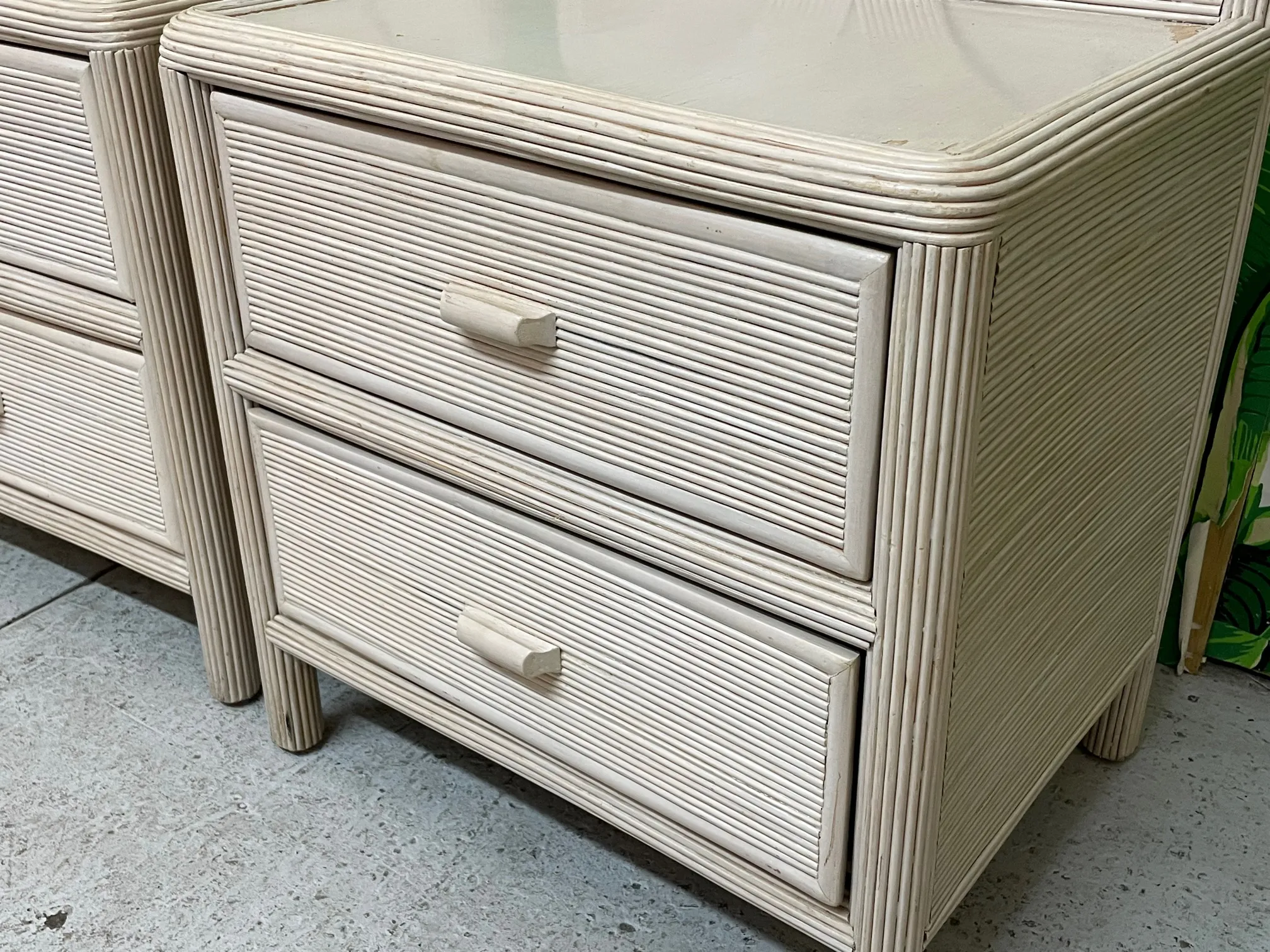 Vintage Pencil Reed Rattan Nightstands, a Pair