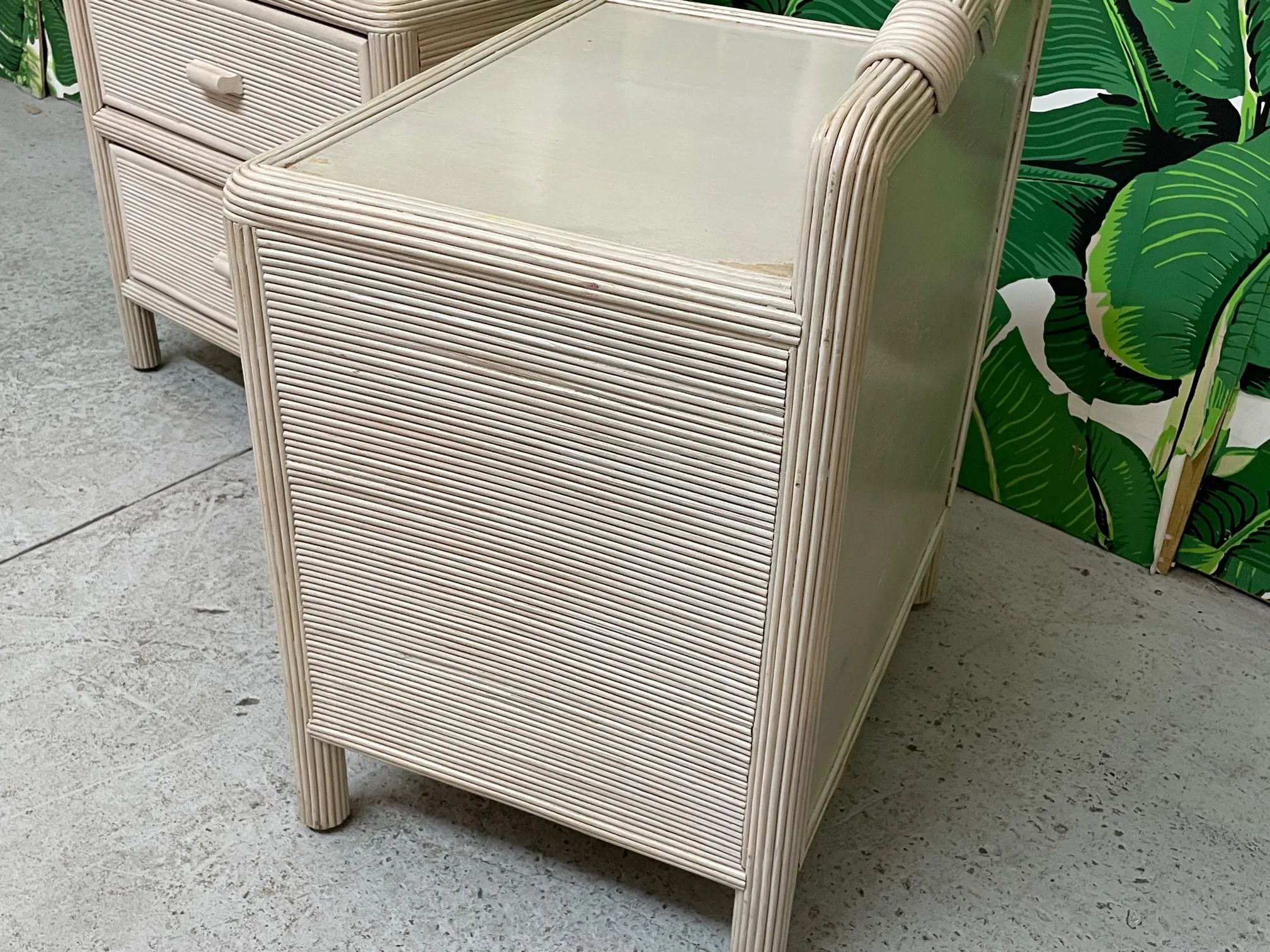 Vintage Pencil Reed Rattan Nightstands, a Pair