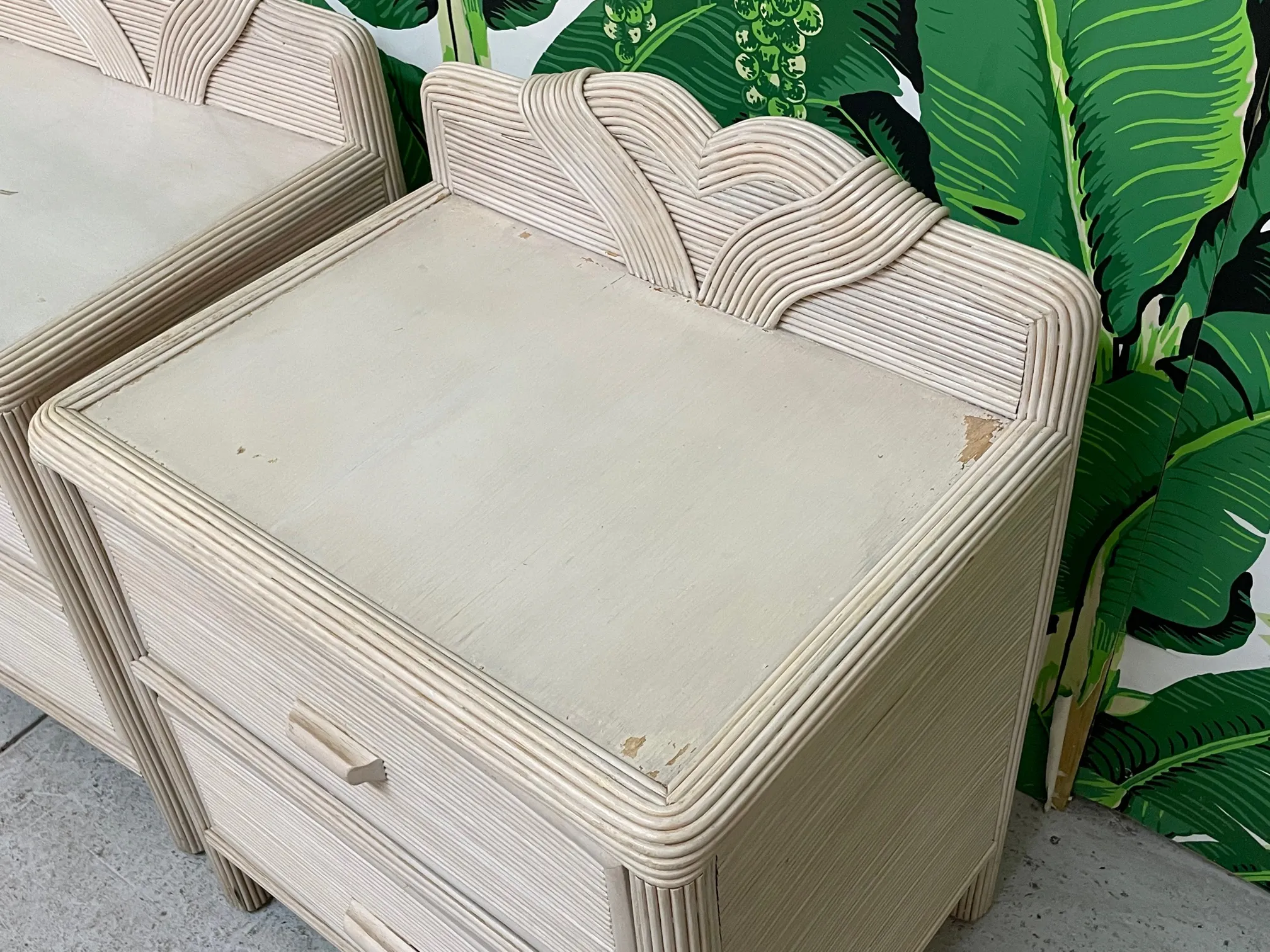 Vintage Pencil Reed Rattan Nightstands, a Pair