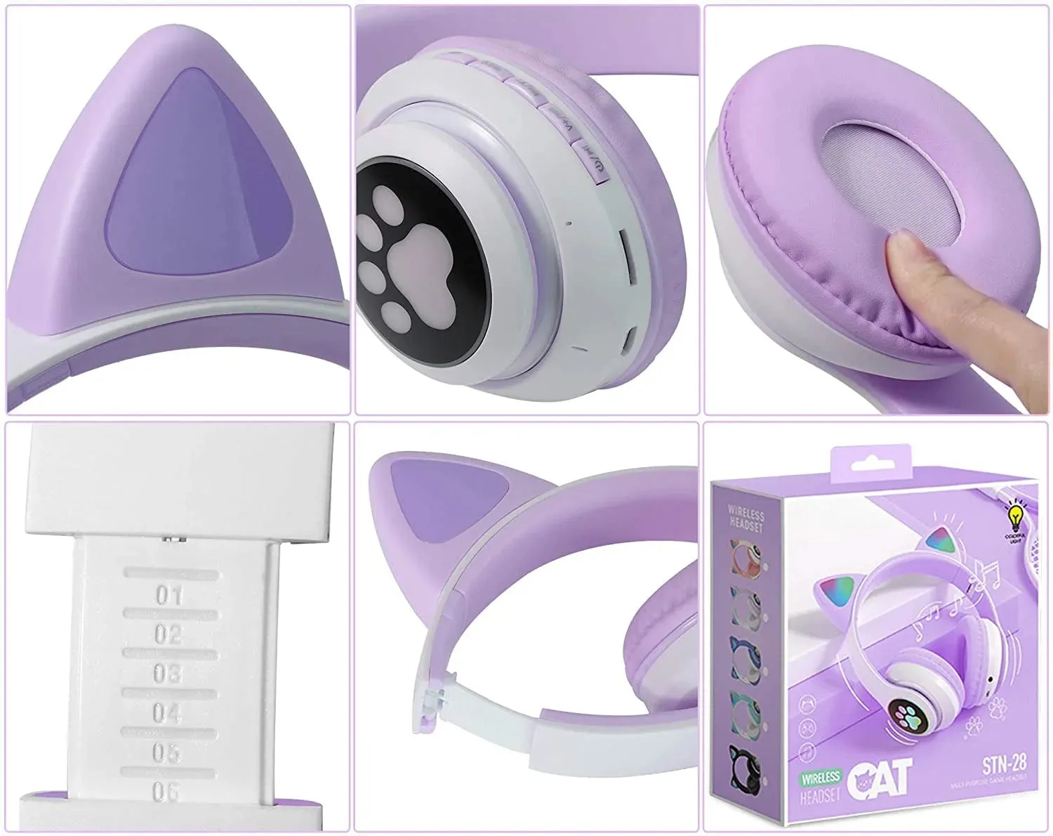 Wireless Headphones  Cat Ear LED Light up Bluetooth Foldable Headphones over Ear W/Microphone for Online Distant
